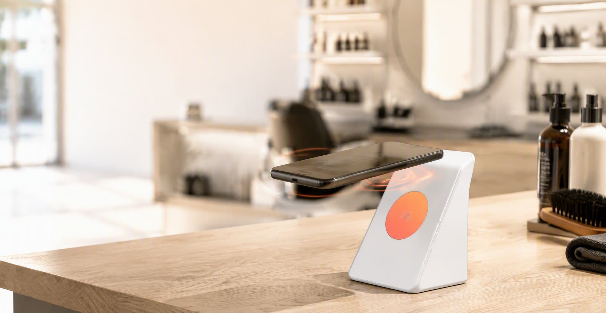 A smartphone tapping the coral touch zone of a Tappivo counter stand on a barbershop counter