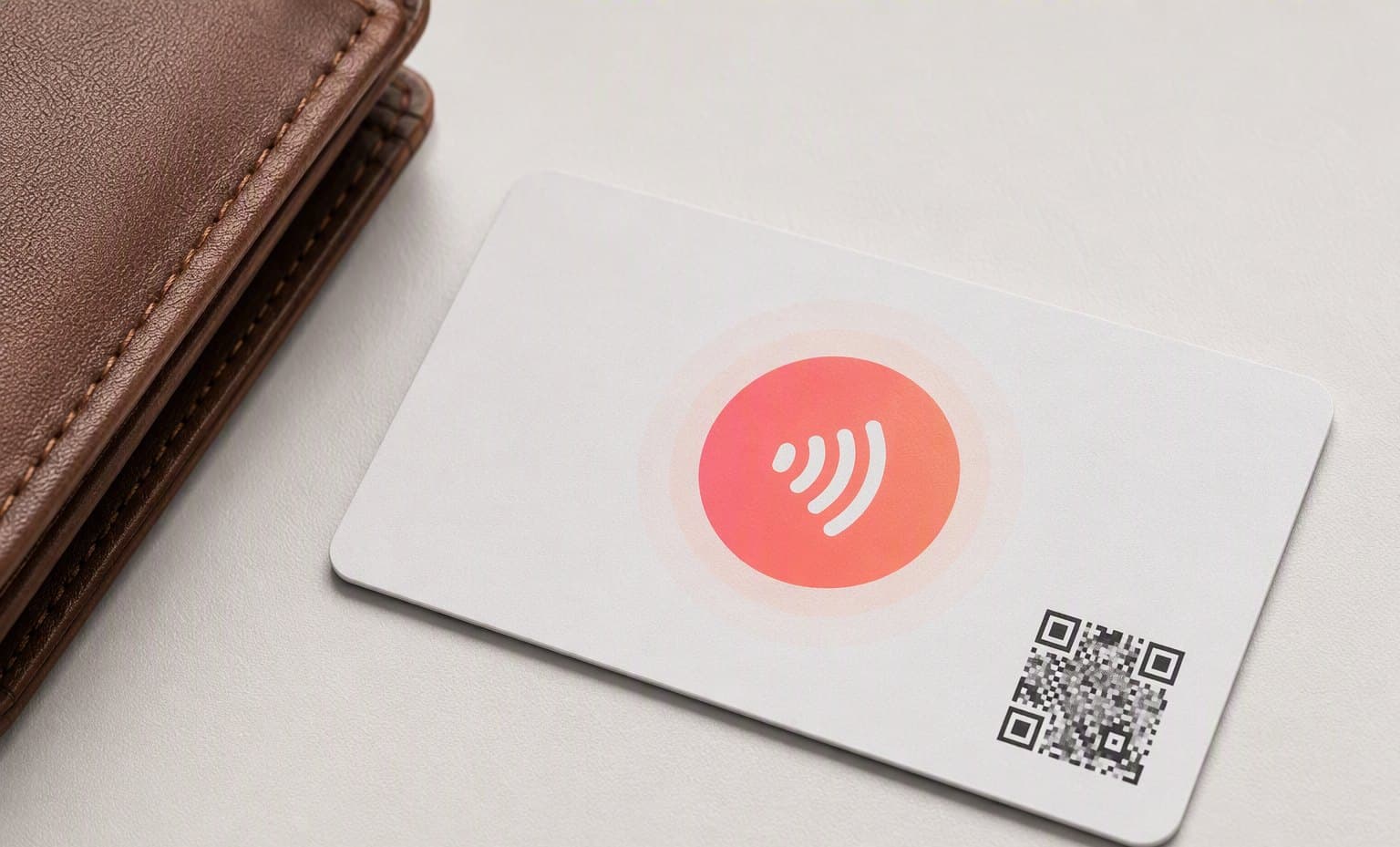 Tappivo NFC card mockup held in a hand, white card with a coral tap zone and NFC wave symbol