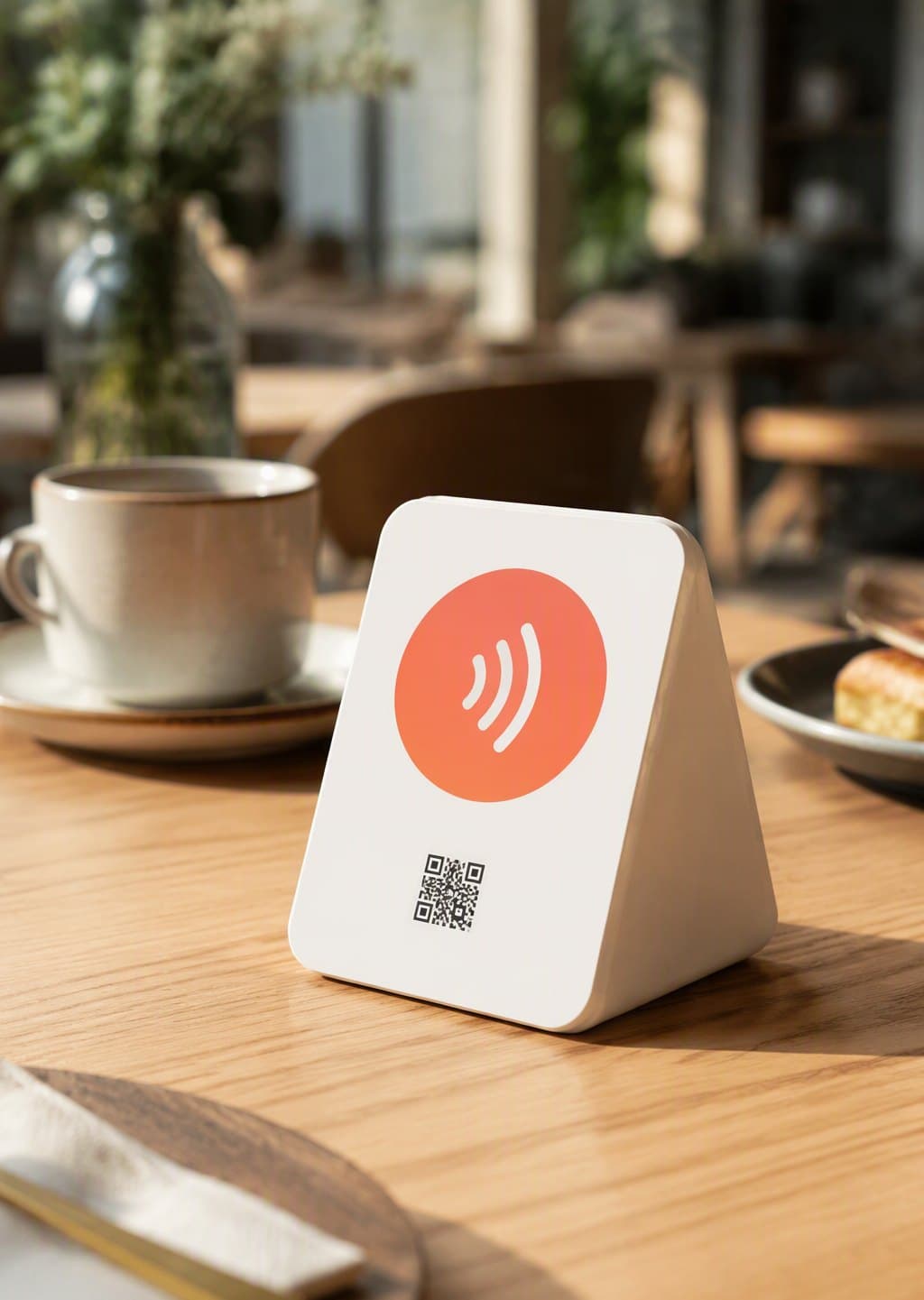 Tappivo table touchpoint mockup standing on a café table, white with a coral tap zone
